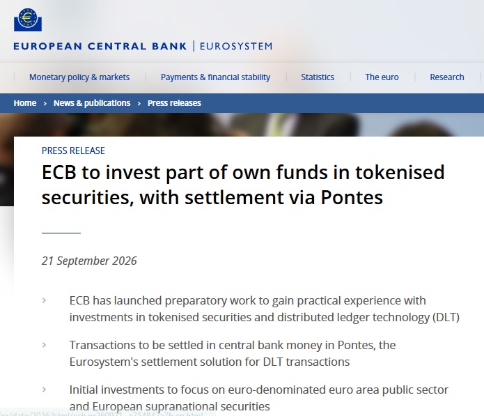 ECB To Buy Tokenized Bonds As Pontes Brings Central Bank Money To Blockchain