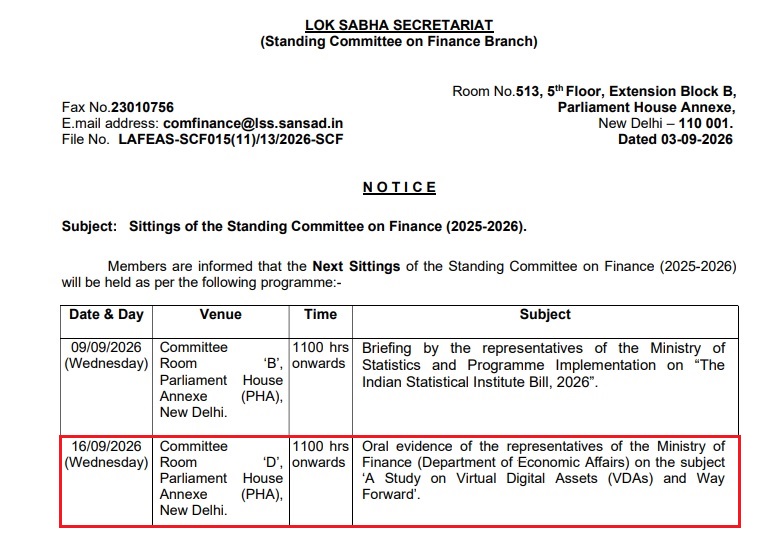 India’s Crypto Law Nears Turning Point With Sept 16 Finance Ministry Hearing