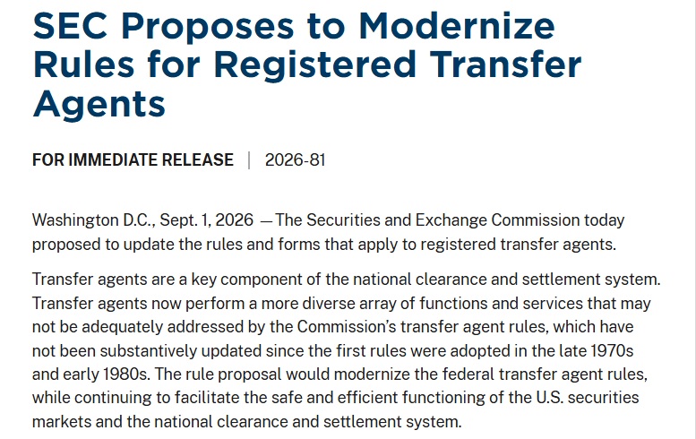 SEC Proposes Transfer Agent Rule Changes To Support Tokenized Securities & Blockchain