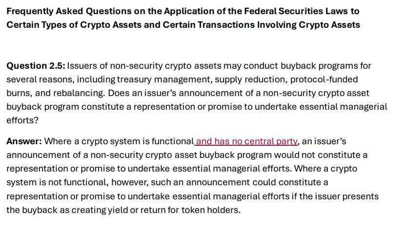 SEC Clarifies Crypto Token Buyback Rules Under Howey