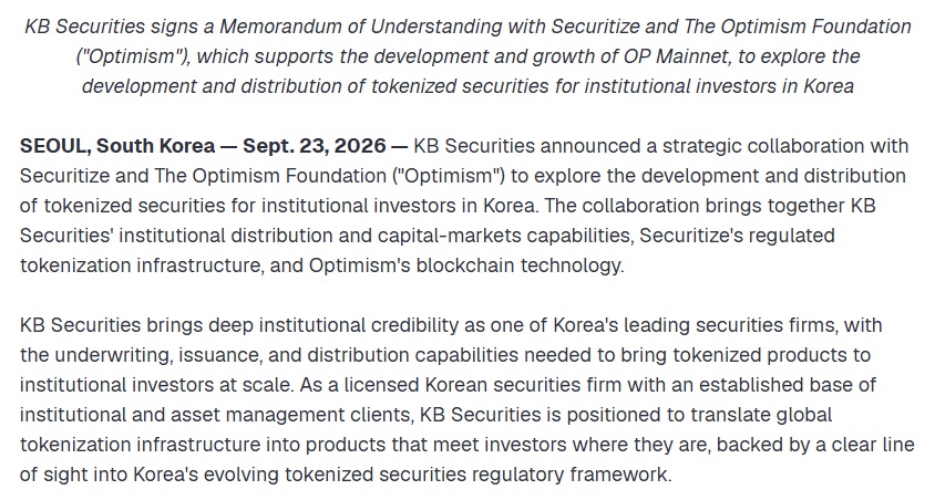 Securitize, KB Securities & Optimism Plan Tokenized Institutional Funds In Korea