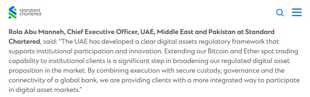 Standard Chartered Becomes First Global Systemic Bank To Offer Bitcoin & Ether Spot Trading In The UAE