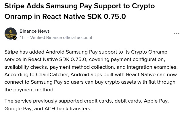 Stripe Adds Samsung Pay To Android Crypto Onramp for In-app Crypto Purchases