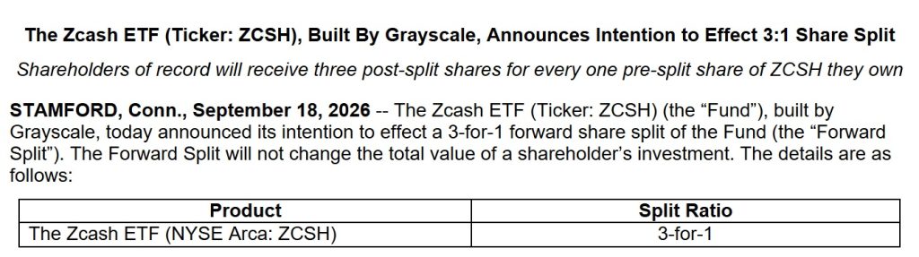Grayscale’s Zcash ETF Files For 3-For-1 Forward Share Split