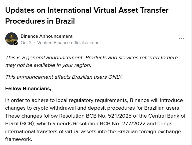 Binance Tightens International Crypto Transfer Rules For Brazilian Users