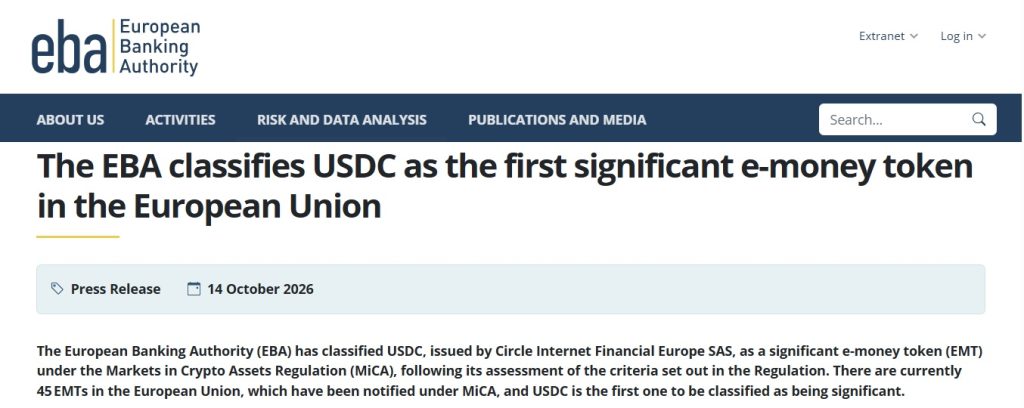 EBA Classifies Circle’s USDC As EU’s First Significant Stablecoin