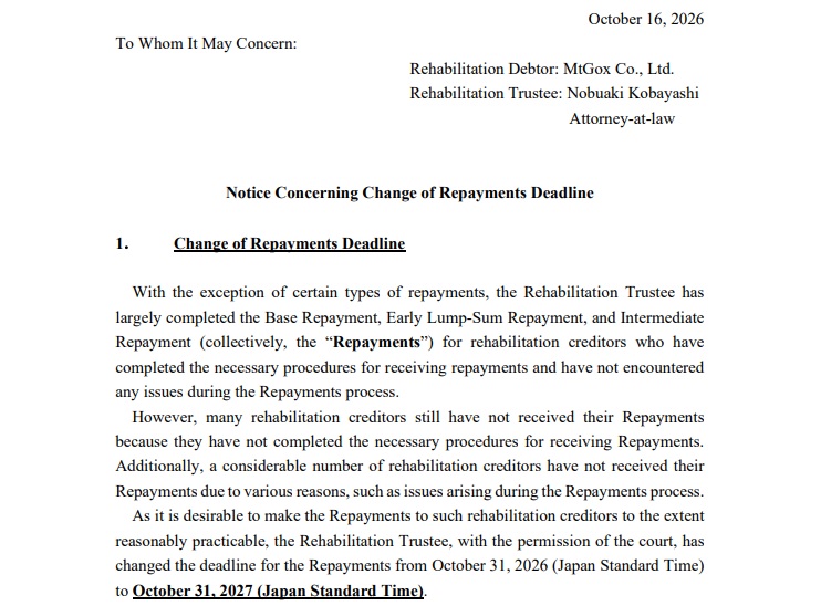 Mt. Gox Delays Creditor Repayments Again, Setting New Deadline For October 2027